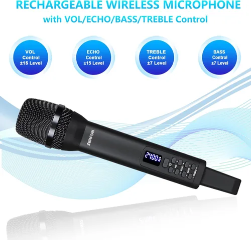 Miniatura 5 de Micrófono inalámbrico recargable, sistema de micrófonos de mano inalámbricos profesionales dinámicos con control de eco, agudos, graves, volumen