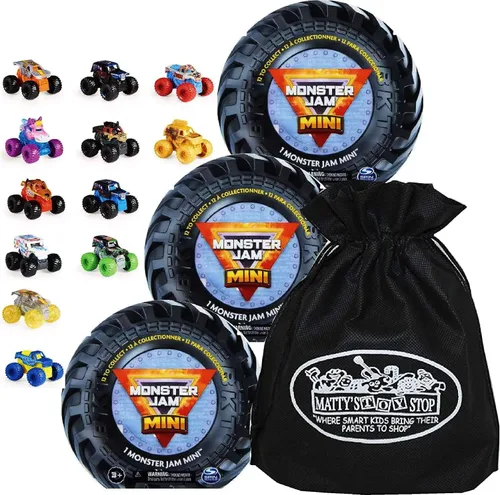 Matty's Toy Stop Monster Jam Mini Mystery Collectible Monster Trucks (escala 1:87) Set de regalo para fiesta, bolsa de almacenamiento, paquete de 3
