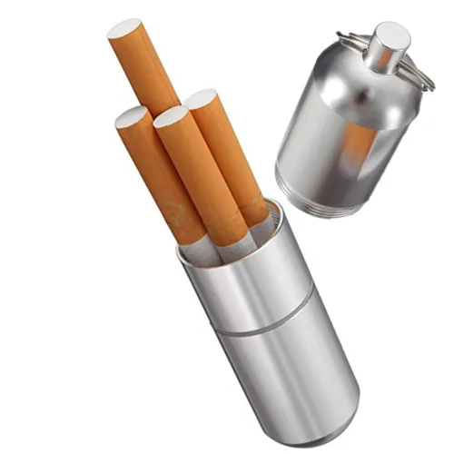 Caja conjunta mini aluminio cigarrillos titular con llavero Metal impermeable redondo cigarrillos caja de bolsillo Tono plata