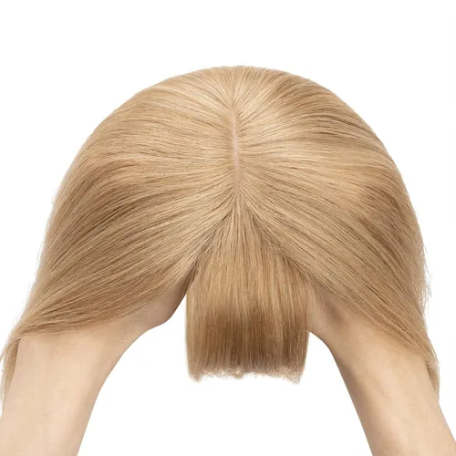 Miniatura 8 de S-noilite Toppers para el cabello humano real con flequillo, 6 pulgadas, color rubio oscuro #27, base de seda, clip en la parte superior