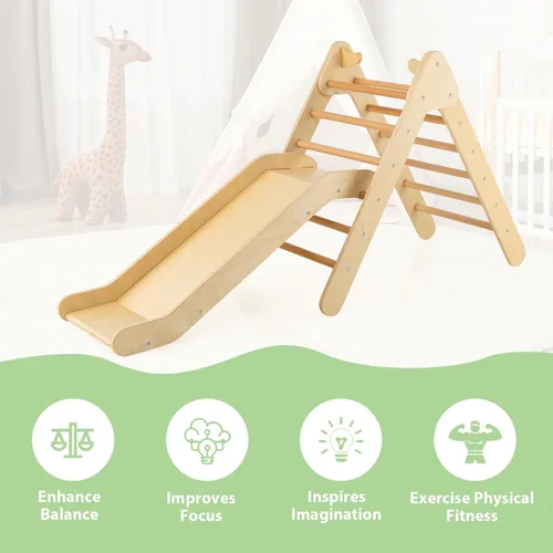 Miniatura 8 de OLAKIDS Juego de triángulo Pikler 2 en 1 juguetes de escalada para niños pequeños Gimnasio de selva plegable de madera Montessori con rampa