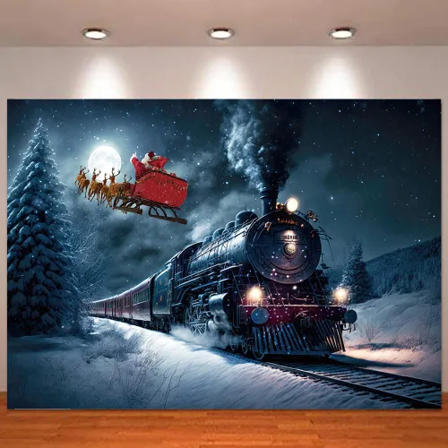 Fondo de fotografía de tren de Navidad, tren nocturno de invierno, Papá Noel, fondo fotográfico para Navidad, Año Nuevo, fiesta infantil,