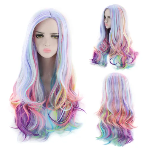 Miniatura 8 de AGPTEK Peluca de pelo largo y ondulado con arco iris, resistente al calor, para festivales de música, fiestas temáticas, bodas, conciertos, citas