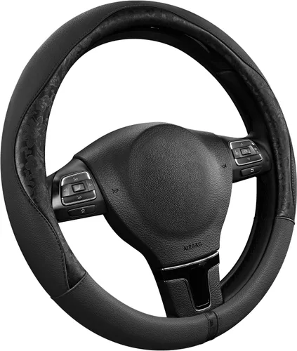 PIC AUTO Funda para volante, diseño de retazos de cuero estampado negro, ajuste universal de 14.5 a 15.5 pulgadas, antideslizante, sin olor, piel de