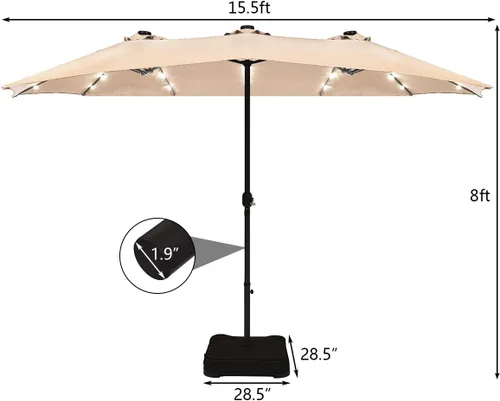 Miniatura 5 de Tangkula Sombrilla solar de patio de 15 pies con base, sombrilla individual extragrande de doble cara para exteriores con 36 luces LED y manivela