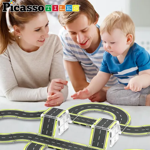 Miniatura 3 de PicassoTiles Azulejos Magnéticos de Construcción Pista de Autos Vehículo Magnético Tema de Aventura Calle Impresa Carretera Pista Autopista Bloque