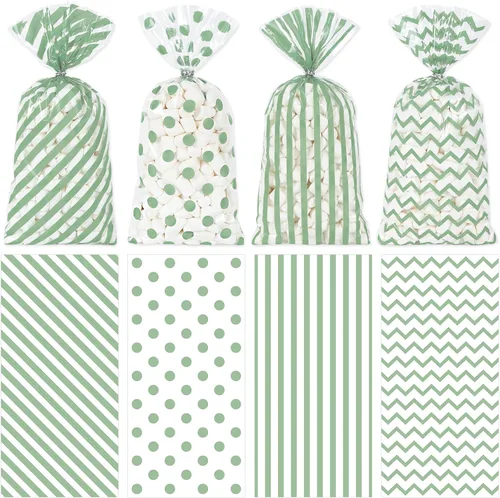 Miniatura 8 de Whaline 160 bolsas de celofán plateado con lazos torcidos, diseño de rayas onduladas, bolsas de plástico para golosinas, bolsa de dulces