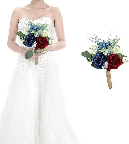 Miniatura 14 de Juego de 4 ramos para dama de honor para boda - Ramos de flores artificiales de 7 pulgadas para decoración de centros de mesa de ceremonia y Azul