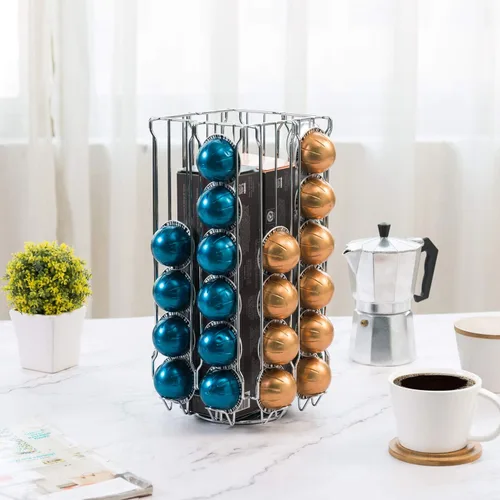 Miniatura 2 de MyGift Soporte organizador de 48 cápsulas de café de acero inoxidable plateado con carrusel giratorio de 360 grados con compartimento