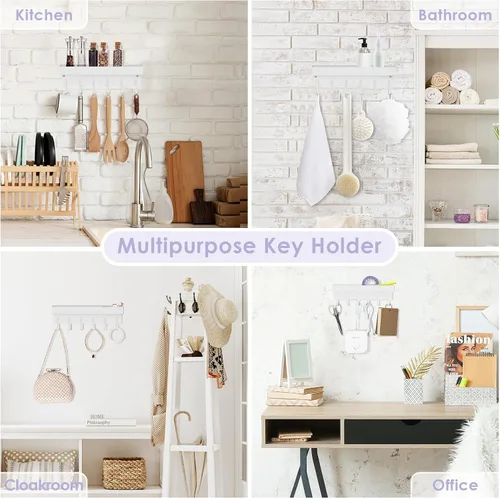Miniatura 7 de VIS'V Soporte para llaves de pared, soporte adhesivo compacto para llaves con bandeja, 6 ganchos, 2 opciones de montaje, color blanco