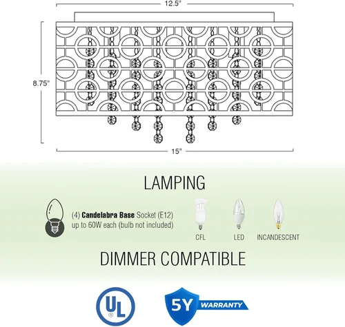 Miniatura 8 de Kira Home Brielle - Lámpara de techo moderna de 15 pulgadas, pantalla de metal geométrico glamorosa de 4 luces con cristales en cascada, acabado