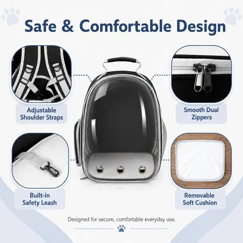 Miniatura 6 de Mochila expandible para gatos y perros, mochila de viaje para mascotas con ventana de burbujas con malla transpirable, estructura anticolapso, Negro