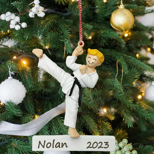Miniatura 5 de Adorno para árbol de Navidad de karate, cinturón negro dominado personalizado niño rubio Jitsu Judo ornamento de artes marciales