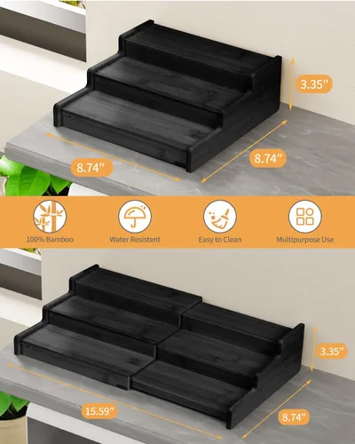 Miniatura 4 de VenDotbi Estante para especias, organizador de especias de bambú expandible de 3 niveles para gabinetes, cocina, despensa y armario, color negro