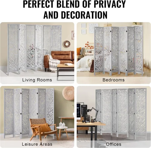 Miniatura 7 de VEVOR Divisor de habitación de madera, pantalla de privacidad plegable de madera de 6 paneles, divisor de partición tallado para interiores de 66.9