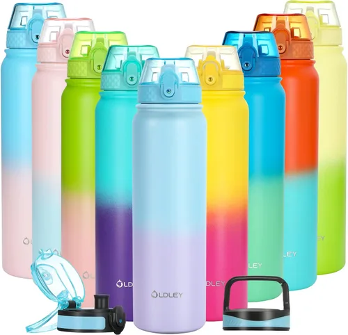 Miniatura 20 de Oldley Botella de Agua Aislada con Pajilla de 20oz, Botellas de Agua de Acero Inoxidable con 3 Tapas, Aislamiento al Vacío de Doble Pared Térmica