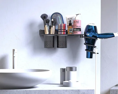 Miniatura 6 de MyLifeUNIT Soporte para secador de pelo, organizador de secadora de pelo montado en la pared con 2 tazas, estante de herramientas de peinado de baño