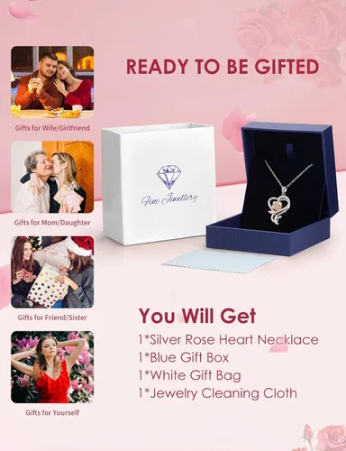 Miniatura 6 de Collar de corazón de rosa para mujer, collares de plata de ley 925 para mujer, collares de piedra natal, regalos para mujeres, regalos de cumpleaños