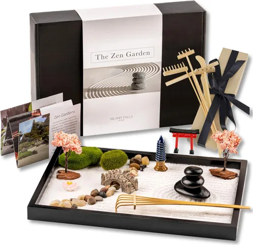 Kit de jardín Zen de Island Falls Home 27.9x20.3 cm. Hermoso mini adorno de piedra japonés, juego de regalo para el hogar, escritorio de oficina.