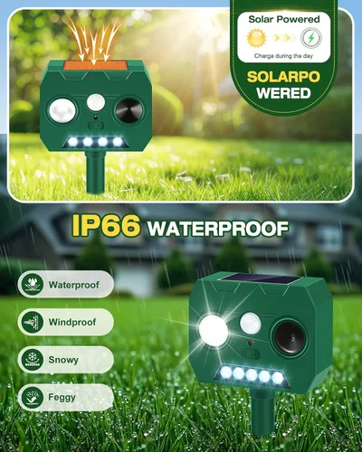 Miniatura 4 de Repelente solar ultrasónico de animales al aire libre, paquete de 2 repelentes de ciervos para exteriores con sensor de movimiento PIR y flash LED