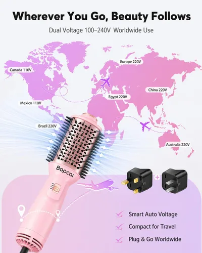 Miniatura 9 de Cepillo secador de pelo de viaje en uno, cepillo secador de pelo de doble voltaje de 120 V-240 V, cepillo portátil de aire caliente de 2 pulgadas, 4