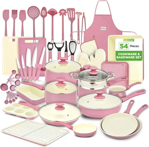 Miniatura 14 de NutriChef NCCW14SBR - Juego de utensilios de cocina antiadherentes de 14 piezas, ollas y sartenes de cocina resistentes a los arañazos con tapas