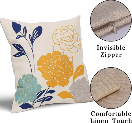 Miniatura 3 de Fundas de Almohadas para Exteriores con Flores 16x16 Juego de 2, Fundas de Almohadas Decorativas Verde Azulado Gris Mostaza Amarillo Floral, Fundas