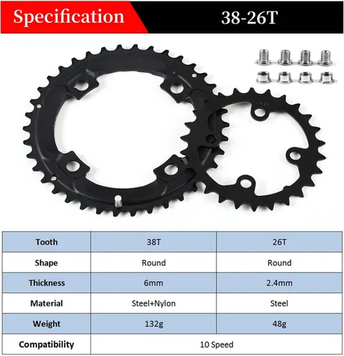Miniatura 3 de BUCKLOS 64/104 BCD - Juego de platos para bicicleta con pasador, aleación CNC de acero doble/triple MTB 22T 24T 26T 32T 38T 42T 44T 4 pernos
