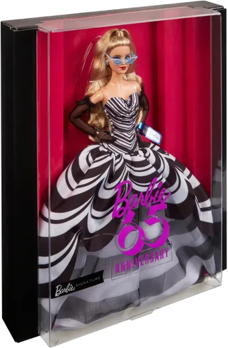 Miniatura 4 de Barbie Muñeca exclusiva, 65 aniversario coleccionable con cabello rubio, vestido blanco y negro, aretes de gemas de zafiro y gafas de sol