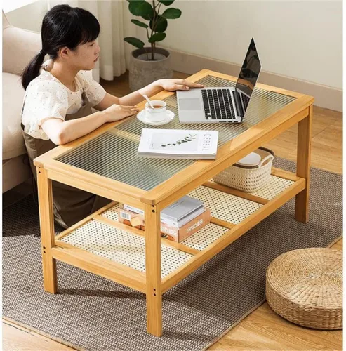 Miniatura 7 de Gdrasuya10 Mesa de centro moderna de bambú para sala de estar, mesa auxiliar rectangular de 2 niveles, mesa central de vidrio, estante