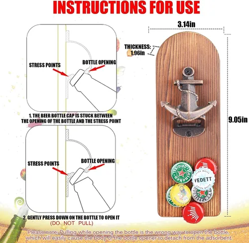 Miniatura 3 de Abrebotellas de cerveza montado en la pared con receptor de tapa magnética, abrebotellas magnético de madera para refrigerador, regalos de cerveza