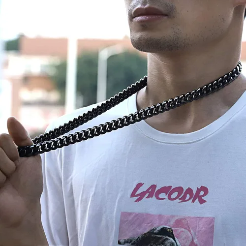 Miniatura 3 de ROWINCO - Cadena para hombre color negro pesada grande de acero inoxidable 316L cadena de eslabones cubanos cadena de joyería de hip hop 0591in
