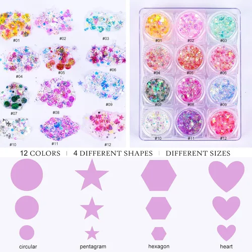 Miniatura 4 de Ownest Juego de gel holográfico con purpurina gruesa de 12 colores, para fiesta de Navidad, maquillaje, cara, cuerpo, labios, cabello, uñas, #00