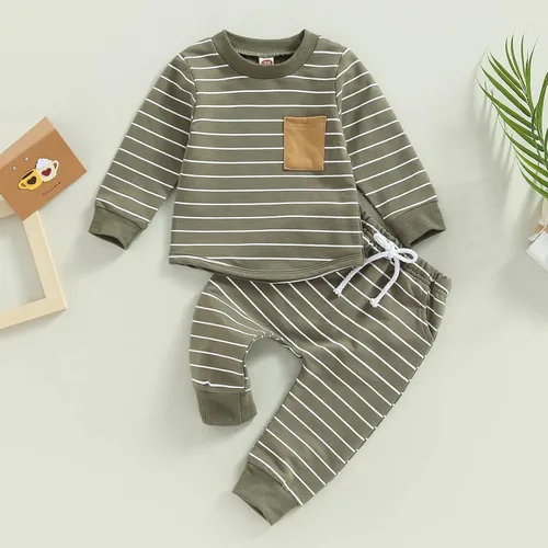 Miniatura 127 de Ropa de bebé niño 3 6 9 12 18 24M 3T Conjunto de pantalones con capucha patchwork sudadera con capucha pantalones de rayas traje de otoño invierno