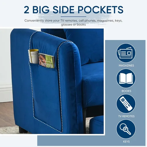 Miniatura 7 de Deolme Sofá cama convertible 3 en 1, moderno sofá biplaza de terciopelo con bolsillos laterales de almacenamiento y almohadas, sofá biplaza pequeño