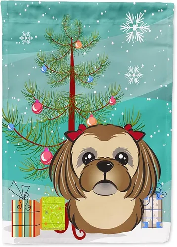 Miniatura 115 de Caroline's Treasures BB1622CHF - Bandera de casa Shih Tzu con árbol de Navidad y gris plateado para porche, grande, para colgar en la pared
