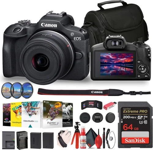 Canon Cámara sin espejo EOS R100 con lente de 0.709-1.772 in (6052C012) + filtros + software fotográfico Corel + bolsa + tarjeta de 64 GB + batería