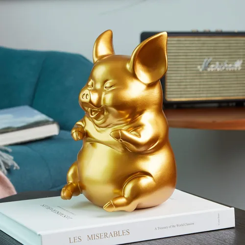 Miniatura 6 de HAUCOZE Alcancía para monedas, estatua de cerdo, escultura moderna, decoración del hogar, dormitorio, arte, regalo, poliresina, oro, 8.3 pulgadas
