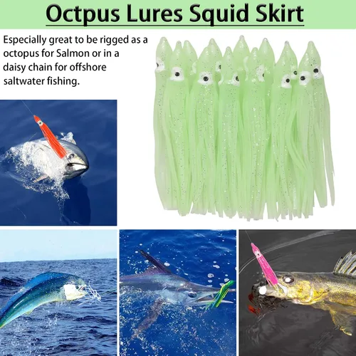 Miniatura 6 de 20 unids/40 piezas de faldas de pulpo de agua salada señuelo de plástico suave de pesca de calamar señuelo de silicona cebo resplandor de pesca