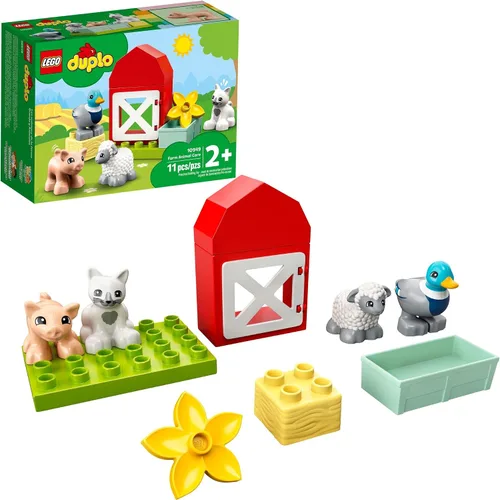 LEGO DUPLO Town Farm Animal Care 10949 Juguete para niños pequeños, niñas y niños de 2 años más con figuras de pato, cerdo, oveja y gato, juguetes