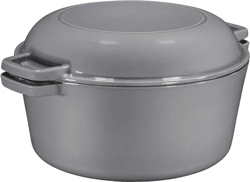 Miniatura 10 de Bruntmor Horno Holandés de Hierro Fundido Esmaltado 2 en 1 con Asas - Olla de Barro Gris Olla de Hierro Fundido con Tapa de Sartén - Utensilios
