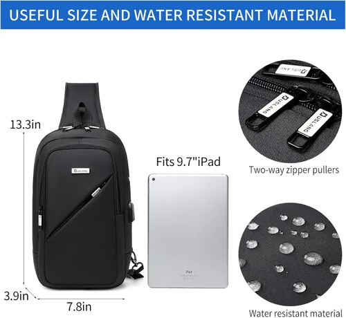 Miniatura 40 de DUSLANG Mochila de hombro para senderismo, bolsa cruzada para hombres, bolsas de pecho con puerto de cargador USB para campamento casual, ciclismo