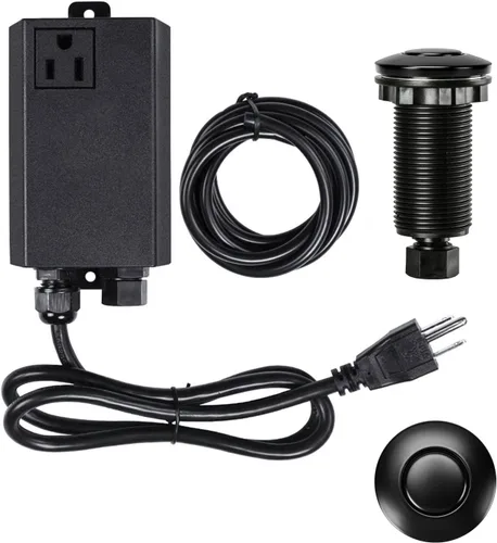 Kit de interruptor de aire para eliminación de basura, salida única, desagüe de fregadero, acero inoxidable largo negro, botón de encendido/apagado