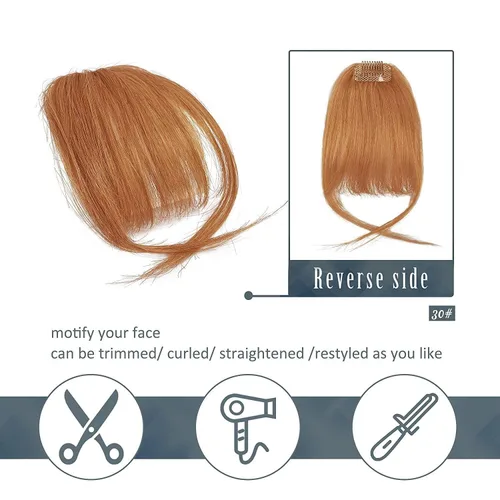 Miniatura 3 de BARSDAR Flequillo postizo de pelo humano real - Flequillo postizo 100% pelo humano para mujeres - Extensiones de flequillo ondulado castaño rojizo