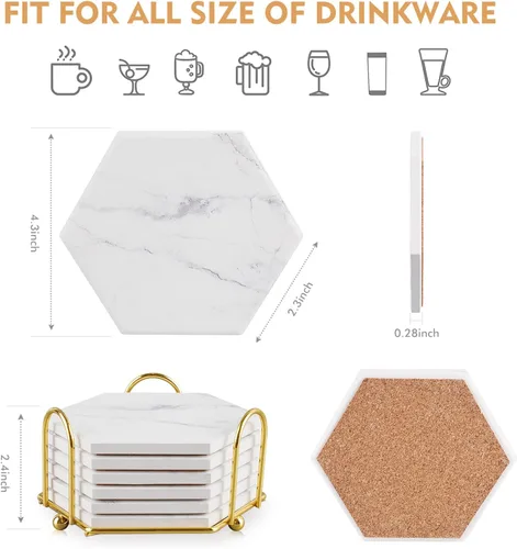 Miniatura 3 de Posavasos blancos para bebidas, juego de 6 posavasos de cerámica con soporte, posavasos de mármol con base de corcho antideslizante para bebidas