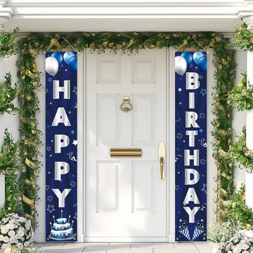 Miniatura 2 de Pancarta de Decoraciones de Cumpleaños Azul Plateado, Letrero de Puerta de Feliz Cumpleaños, Poliéster, 72 x 12 Pulgadas, para Hombres Mujeres Niños