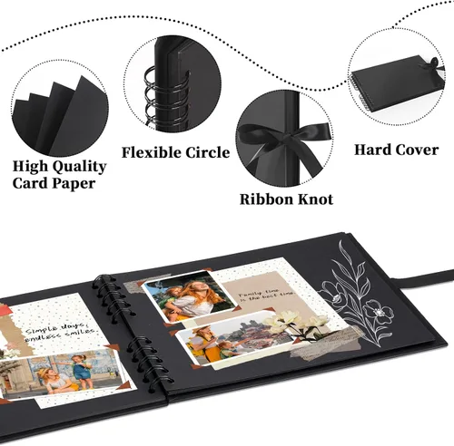 Miniatura 5 de Vienrose Álbum de recortes de 80 páginas, álbum de fotos de bricolaje con accesorios, libro de recuerdos de papel kraft negro para bodas
