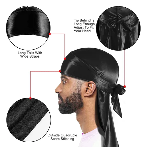 Miniatura 3 de Paquete de 3 piezas de durags sedosas para ondas de hombres, de regalo 1 gorra para marcar las ondas, talla única