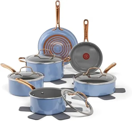 T-Fal Preserve Ceramic, juego de utensilios de cocina antiadherentes de 13 piezas, apto para horno y asador hasta 350°F, incluye olla de cocción Azul