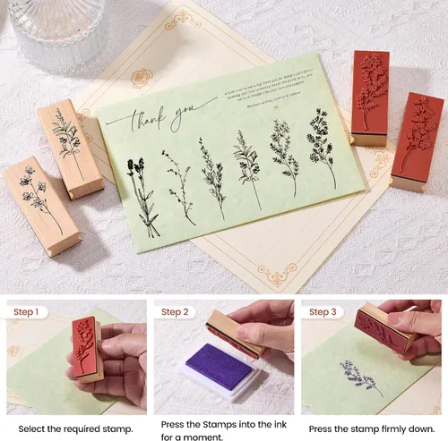 Miniatura 7 de 12 sellos de goma con almohadillas de tinta para manualidades, sellos de madera de flores y plantas con almohadillas de tinta para sellos, juego